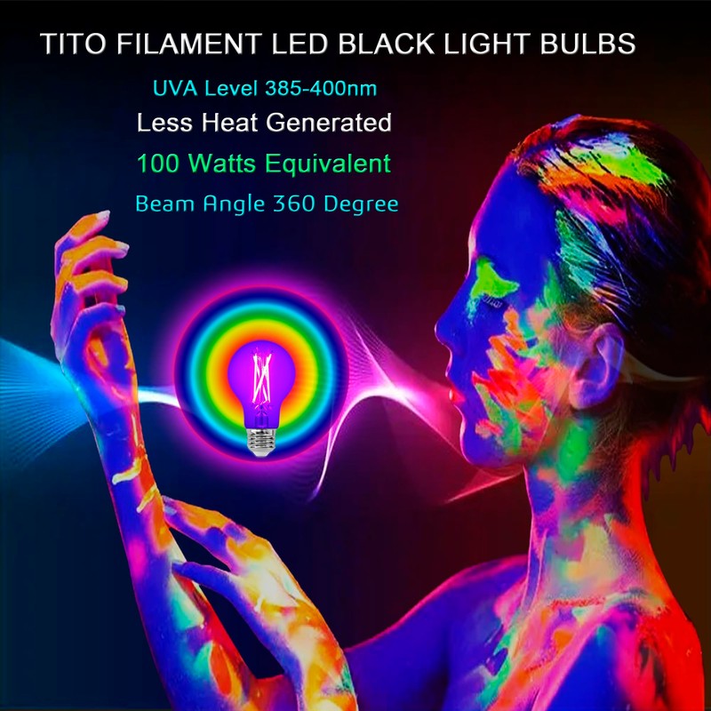 TITO 2 Pack E26 A19 Dimmable Filament LED Black Light