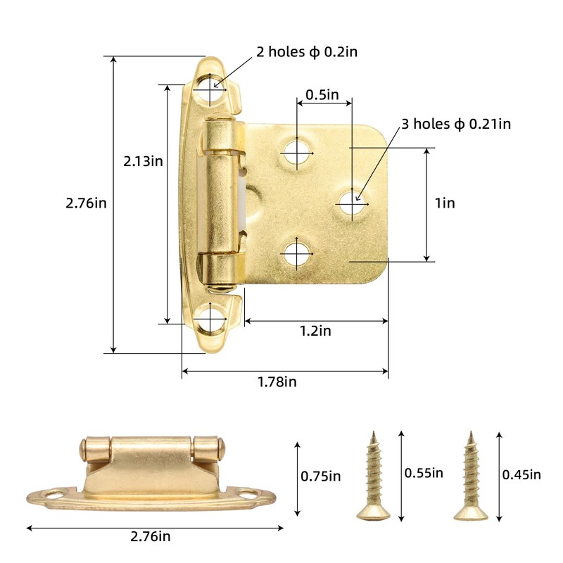 50 Pack(25 Pairs) Gold Cabinet Hinges - 1/2" Overlay, Self