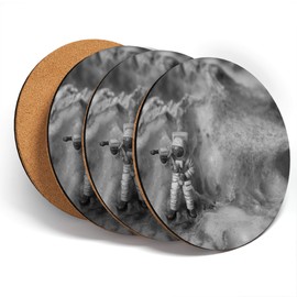 Destination Vinyl ltd Great Coasters (Set of 4) Round - BW - Mini Astronaut Figure Alien Planet Drink Glossy Coasters/Tabletop Protection for Any Table Type #35135