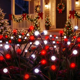 Sukesou Solar Christmas Firefly Lights, 2 Pack 6LED Red & White Solar Garden Stake Lights, IP65 Waterproof Auto On/Off Solar Powered Pathway Lights for Yard Patio Christmas Outdoor Decor