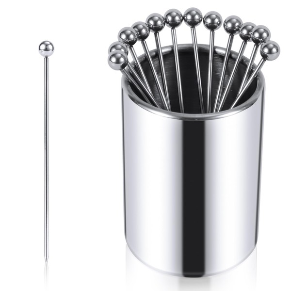 12pcs 10.7cm Metal Cocktail Picks with Holder Storage Bucket, Stainless