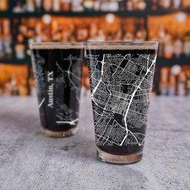 Blue Ridge Mountain Gifts - Austin Pint Glass, 16oz Drinkware UV Printed in Black or White Ink, Texas Keepsake with Austin Map Design