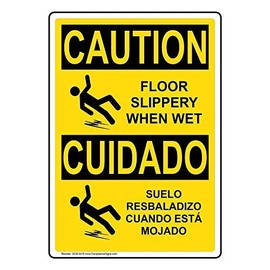ComplianceSigns.com CAUTION Floor Slippery When Wet English + Spanish OSHA Safety Label Decal, 10x7 in. Vinyl for Facilities