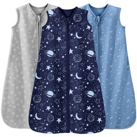 Unnivoll Baby Sleep Sack 6-12 Months 3 Pack 100% Cotton Lightweight 0.5 TOG Wearable Blanket Baby Sleep Bag with 2-Way Zipper for Infant Toddler Blue