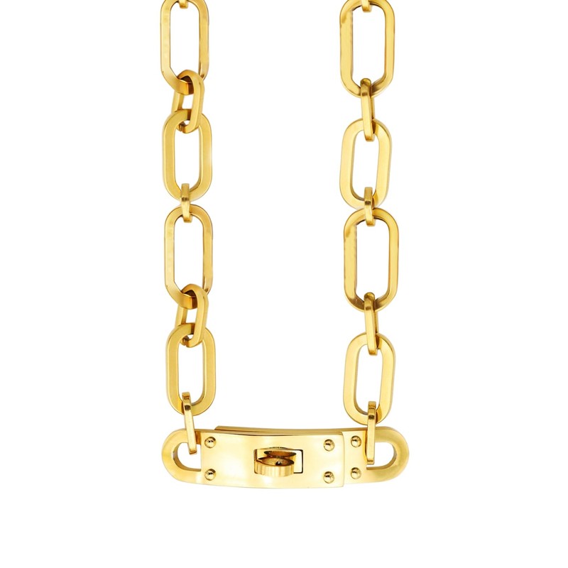 FOMCORT 18K Gold Plated Turn Lock Necklace，Classical Fashion Stainless Steel