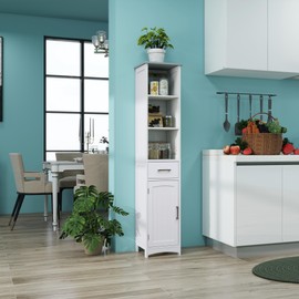 VANIRROR Tall Storage Cabinet, Freestanding Linen Cabinet 13 x 64 Inches, Grey Top Narrow Storage Cabinet, Matte White Finish, Adjustable Shelves, Anti-Fall Drawer Guides