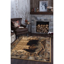 Fern Bear Novelty Lodge Pattern Beige Rectangle Area Rug, 8' x 10'