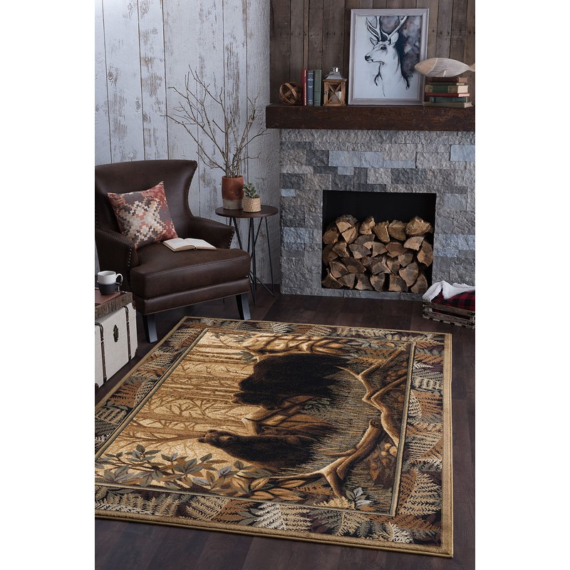 Fern Bear Novelty Lodge Pattern Beige Rectangle Area Rug, 8'