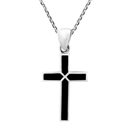 AeraVida Colorful Cross of Faith Inlaid Simulated Black Onyx .925 Sterling Silver Necklace | Christian Religious Cross Pendant Necklace | Faith Cross Necklace for Women