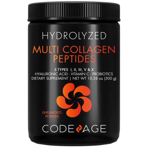 Codeage Multi Collagen Peptides + Probiotics Black Edition, Vitamin C, Hyaluronic Acid Powder Supplement, Grass-Fed, Pasture-Raised, Hydrolyzed, Zero Carbs, Type I, II, III, V & X, Unflavored, 10.58oz