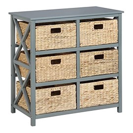 eHemco 3 Tier X-Side End Storage Cabinet with 6 Wicker Baskets, Gray