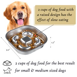 Alicedreamsky Slow Feeder Dog Bowl, 2 Cups Stainless Steel Metal Pet Food Bowls, Dog Cat Food Bowls Can Slows Down Pets Eating Suitable for Small & Medium Sized Dog