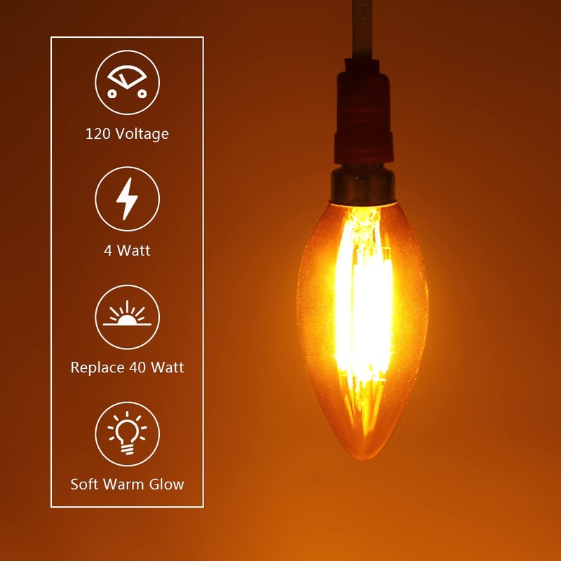 KINUR E26 Small dim Amber LED Edison Light Bulbs, Candelabra