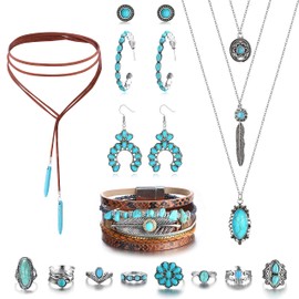 Helicopchain Western Bohemian Turquoise Jewelry Set for Women - Pendant Choker Necklace, Faux Leather Cuff Bracelet, Hoop Dangle Earrings, Joint Knuckle
