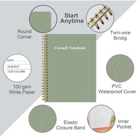 Yaridar A4 Cornell Notes Notebook - College Spiral Cornell Notebooks for Note Taking, Subject Ruled Steno Pads for Office/School/College/Home, 8.5" x 11", Green