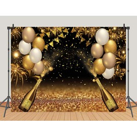 Black Golden Balloons Photography Background Gold Champagne Bokeh Photo Backdrops for Graduation Prom Holiday Party Supplies Father's Day Birthday Decoration Studio Props Banner 7X5ft