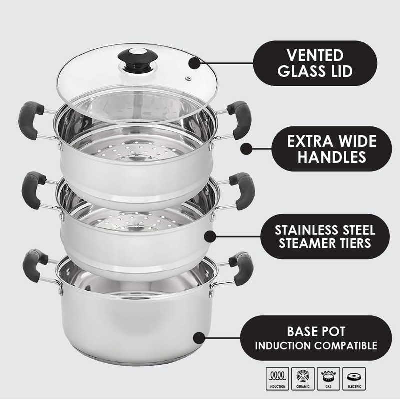 CONCORD 10" Stainless Steel 3 Tier Steamer Steaming Pot Cookware