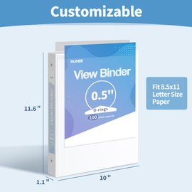 SUNEE 3 Ring Binder 1/2 Inch 1 Pack, Clear View Binder Three Ring PVC-Free (Fit 8.5x11 Inches) for School Binder or Office Binder Supplies, White Binder