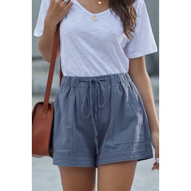 ANFTFH Women Comfy Drawstring Casual Elastic Waist Pocketed Shorts Pants Dusty Blue M