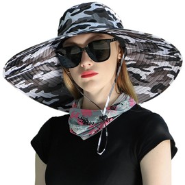 Peicees Women Wide Brim Sun Hat UPF50+ Waterproof Sun Hats for Fishing Hiking Camping Gardening, Camo Black White