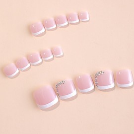 OHWODA French Tip Press on Toenails Short Square Fake Toe Nails White Toe Nail Tips Cute Designs Acrylic Toe Nails Full Cover Glue on Toenails Summer False Toe Nails 24 Pcs in 12 Sizes (3D Diamond)