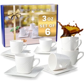 FUOCCI Espresso Cups With Saucer 3oz/90ml, Turkish Coffee Cup Set, White Espresso Cups Set of 6 Italian Style, Demitasse Espresso Cup Set, Modern Espresso Coffee Cups, Tasas de Cafe Expreso Modernas