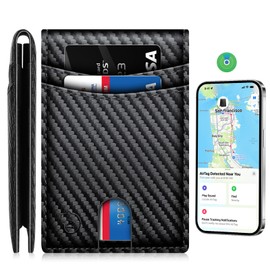 Smart Wallet For Men Work For Apple Find My (Ios Only) APP, Slim Mens Wallet with Tracker Carbon Fiber Bifold Credit Card Holder With Rechargeable Battery(Not For Android) Carbon Black