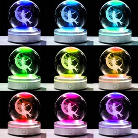 Movdyka 3D Crystal Ball Moon & Fairy Figurines Decor Gifts for Women Girls with Colorful LED Base, Laser Eatch Glass Fairy Statue Snow Globe Home Decor Crafts - 3.15"/8CM