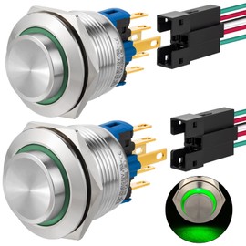 22mm Push Button Switch Momentary Latching High Round Waterproof IP67 On Off Stainless Steel 304 with 12V, 24V LED for 7/8" with Wire 2PCS (Green, Momentary,12V)
