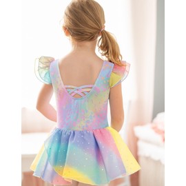 Zaclotre Leotards for Toddler Girls Ruffle Sleeve Ballet Leotard Crisscross Back Dance Dress Rainbow Leopard 4-5T
