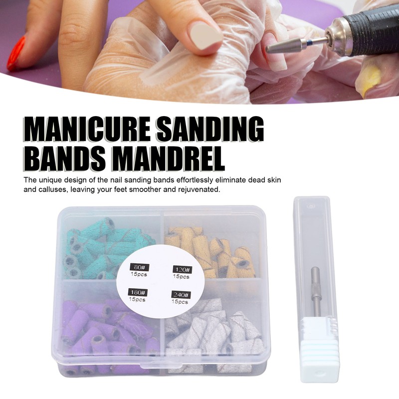 60pcs Nail Sanding Bands with Mandrel Bit Manicures Tool Professional