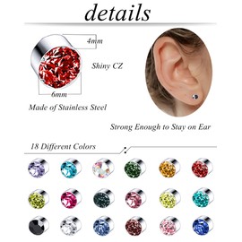 Torniro 18 Pairs Magnetic Stud Earrings Colors CZ Clip on Non Piercing Fake Stud Earrings Set for Women 6mm