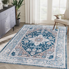 espidoo 5x7 Bohemian Vintage Area Rug: Machine Washable Non-Slip Polyester Rug - Persian Floral Design for Living Room Bedroom & Kitchen Decor