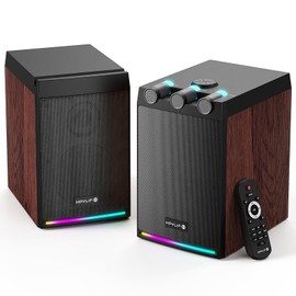 SWTOIPIG 100W Powered Bluetooth Bookshelf Speakers,2.0 Wireless HiFi Speaker with Subwoofer and Led Light,Dynamic 3D Surround Sound,for Home Music,Vinyl Records, Home Theatre, Gaming,TV -Wood Grain