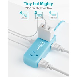 Blue Small Extension Cord 4 AC Outlets 3 USB Ports (3.4A Fast Charge), Travel Power Strip, 5 Ft Flat Plug Extension Cord, Cute Kawaii Blue Cruise Essentials