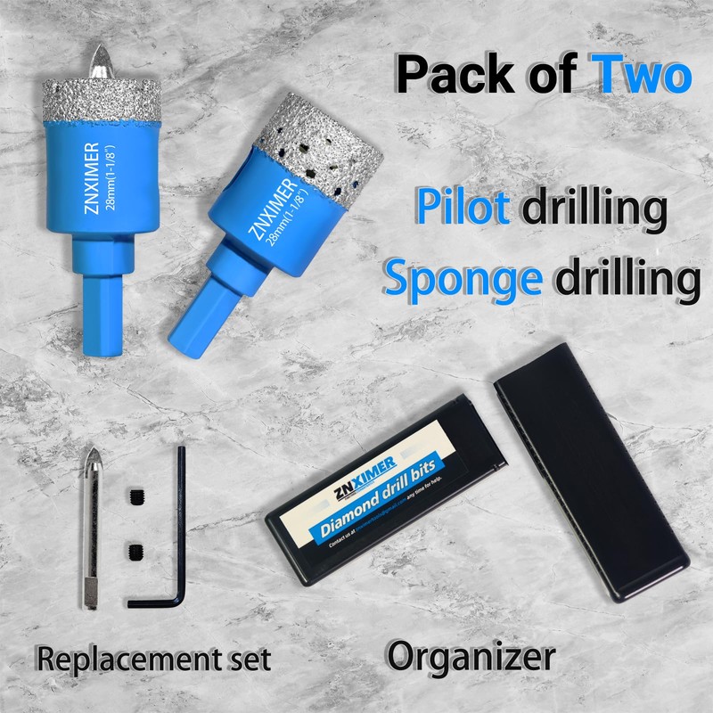 ZNXIMER Diamond Hole Saw Drill Bits - 2pcs 1-1/8" Diamond