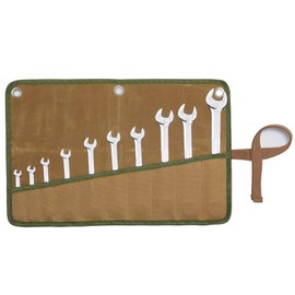 Tool Storage Bag, Sturdy Heavy Duty 16oz Waxed Canvas Wrench Set Organizer, 10 Pockets - Metric & SAE - Wrench Carrier with Grommets, Khaki | 17" L x 11" W