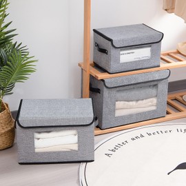 YheenLf Storage Basket, Decorative Linen Closet Organizers Bins, 13 x 9.1 x 7.9 inch Clothes Boxes for Shelves with Lids, Cubes with Handles, Gray, 5-Pack