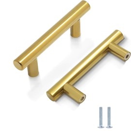 2 Pack Kitchen Cupboard Handles - Stainless Steel Door and Cabinet Handles for Wardrobe and Drawer (Gold, Hole Centre 64mm)