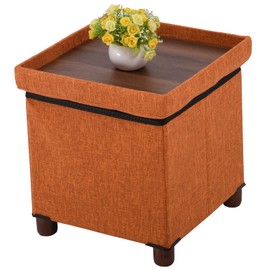 15 Inch Storage Ottoman with Wooden Legs - Cube Foot Rest Stool, Square Footstool, Comfortable Seat with Lid, Foldable Fabric Ottoman, Space-Saving Orange
