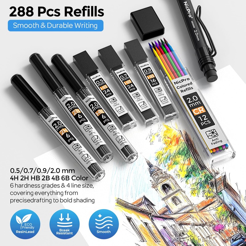 Nicpro 6PCS Weatherproof Mechanical Pencil Set, 3 PCS Art Mechanical