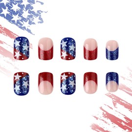 4th of July Square Press on Nails Short Fake Nails with Star Designs Independence Day Press on Square Nails Blue Red Glitter Acrylic Nails Full Cover July Fourth Glue on Nails Short Nails for Women