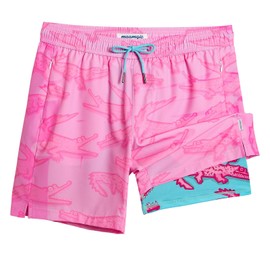 maamgic 7 Inch Mens Swim Trunks with Compression Liner Board Shorts with Zippered Pocket Bathing Suit for Beach Vacation Pink Crocodile X-Large