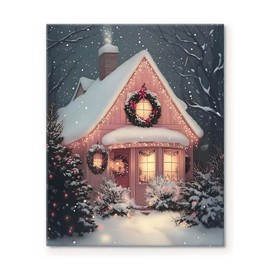 Snowy Christmas Wall Art Cottage with Festive Wreath and Lights Holiday Decor Pictures Print Winter Christmas Art Cozy Holiday Xmas Canvas Wall Decor for Living Room Bedroom or Entryway 11x14inch