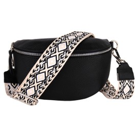 MIRROSI® Women's Bum Bag, Genuine Leather, Made in Italy, Shoulder Bag, Chest Bag, Crossbody Bag (1 Bag & 2 Straps), Black (diamond black beige)