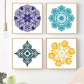 Reusable Mandala Floor Stencil Set of 4 (12 x 12 inch) Painting Stencil, Laser Cut Painting Template Floor Wall Tile Fabric Wood Stencils DIY Decor (FF)