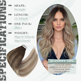 Ve Sunny Ombre Tape in Hair Extensions Human Hair Blonde Hair Extensions Tape in Balayage Human Hair Tape in Extensions Dark Brown Ombre Golden Blonde Mix Platinum Blonde Short Hair 30g 20pcs 12inch
