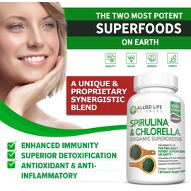 Allied Life Spirulina and Chlorella | Organic Chlorophyll Vegan Protein Powder Green Superfood | 120 Capsules