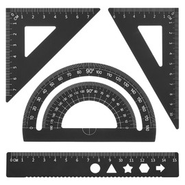 PATIKIL Triangle Ruler Set, 6 Inch Metric Aluminum Ruler, 45° 60° Triangle Ruler and Protractor, 4 Pack, Black