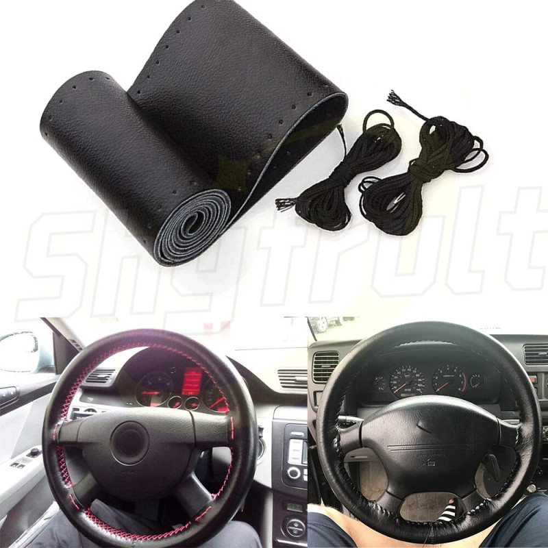 AQJ 15" DIY Steering Wheel Cover Genuine Leather for FORD